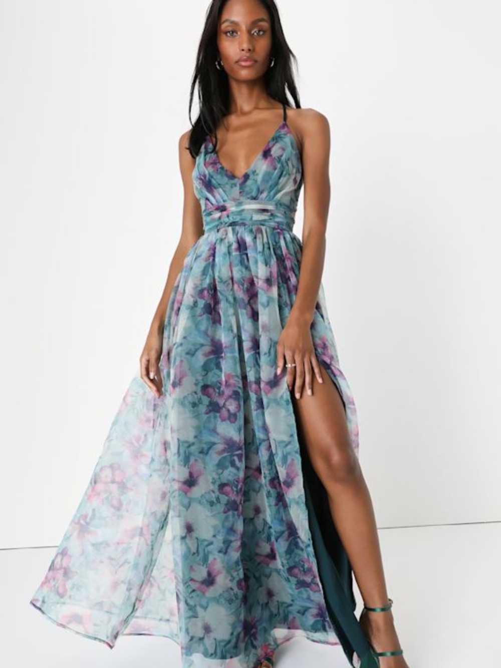 Lulus Romance That Wows Dark Teal Floral Print Organza Maxi Dress Blue - Size XL